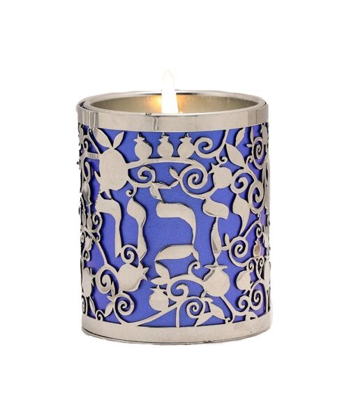 מחזיק לנר נשמה - מגזרת מתכת - רימונים + "יזכור" - כחול