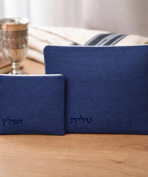 כיסוי לטלית ותפילין פשתן כחול 35X30 סמ