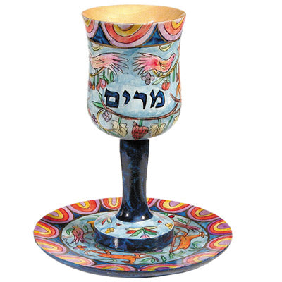 גביע קידוש + תחתית - ציור יד על עץ - כוס מרים