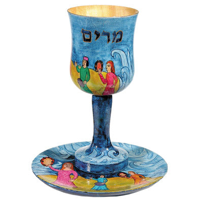 גביע קידוש + תחתית - ציור יד על עץ - כוס מרים