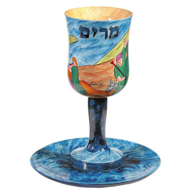 גביע קידוש + תחתית - ציור יד על עץ - כוס מרים